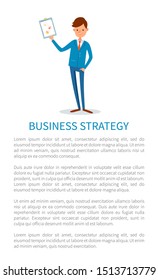 Business strategy, presenter with whiteboard info in visual form vector. Businessman with presentation and statistics data charts, flat style poster