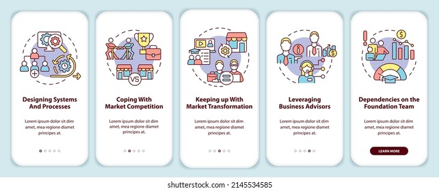 Business strategy problems onboarding mobile app screen. Designing system walkthrough 5 steps graphic instructions pages with linear concepts. UI, UX, GUI template. Myriad Pro-Bold, Regular fonts used