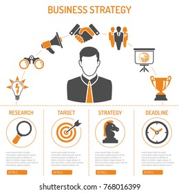 Business Strategy Process Concept and Infographics with two color flat icons like Target, Strategy, Idea, Research, Teamwork and Success. isolated vector illustration