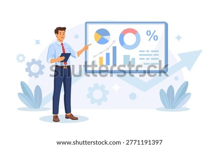 Business strategy. Professional financial analyst reviewing business performance reports on whiteboard for investment strategy planning. Person planning financial goals, reviewing market data