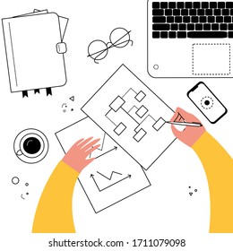 Business strategy and prognosis schemes. Businessman is drawing a scheme and graphics of business development. Vector illustration
