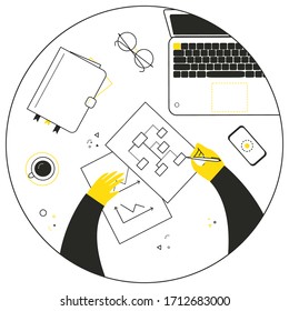 Business strategy and prognosis schemes. Business processes management. Human is drawing a scheme and graphics of business development. Vector illustration
