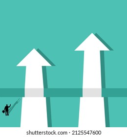 Business strategy, promotion, path choice, 2 direction arrows. Vector concept with businessman and arrows. Symbol of success, ambition, motivation and determination