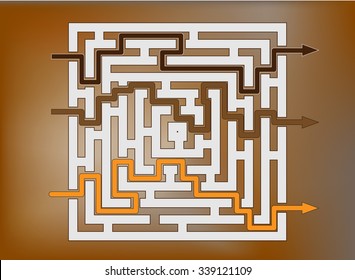 Business strategy of reaching the goal in labyrinth with several solutions, brown
