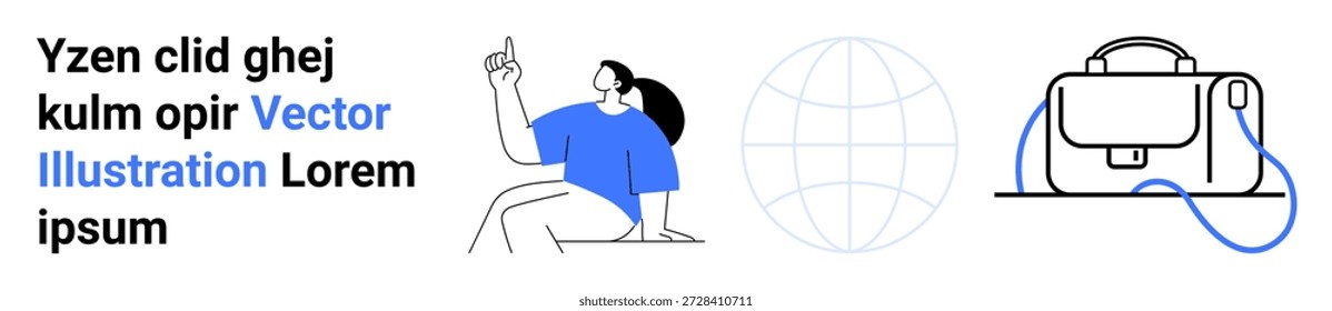 Business strategy, remote work, global connectivity, digital communication, productivity tools, corporate identity. Person gesturing, globe and bag. Business strategy and remote work concept