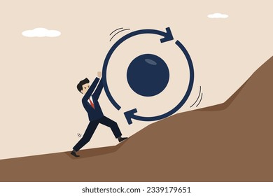 Business strategy for repeatedly getting work done, career growth concept, businessman pushing consistency circle symbol up hill with full effort.