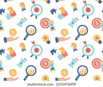 Business strategy seamless pattern. Repeating design element for printing on fabric. Effective working time and business. Light bulb with dollar, hand with graphs. Cartoon flat vector illustration