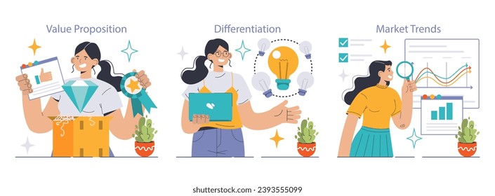 Conjunto de estrategias empresariales. Propuesta de valor de exposición de expertos, innovación para diferenciación de productos, análisis de tendencias de mercado. Idea de gran avance. Análisis digital. Ilustración vectorial plana