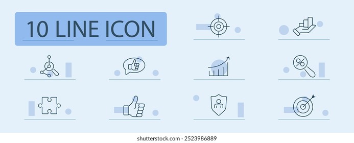 Business strategy set icon. Target, graph, growth, puzzle, analysis, percentage, shield, thumbs up, network, statistics, increase, like, focus, goal, metrics, protection, financial data.