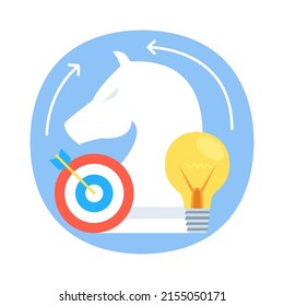 Business strategy. A set of icons of a chess horse, targets, arrows, bulb. Vector illustration.