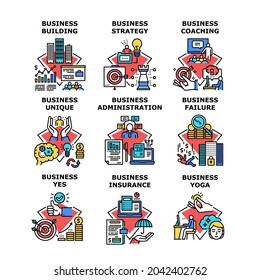 Iconos De Iconos De Estrategia Comercial Iconos Ilustraciones Vectoriales. Empleadores De Seguros Y Entrenamiento De Edificios De Centros De Negocios, Implicaciones De Color Únicas Y Fallidas, Administración Y Ejercicio De Yoga