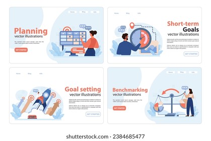 Conjunto de estrategias empresariales. Visualización a fondo de la planificación, logro de los objetivos, objetivos a corto plazo y métodos de evaluación del desempeño. Trabajo en equipo coordinado, optimización de proyectos. Vector plano