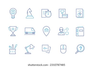 Business and strategy - set of modern line design style icons on white background. Brain and idea, chess and logic, graph report, prize cup, delivery of goods, stationery, searching for answers