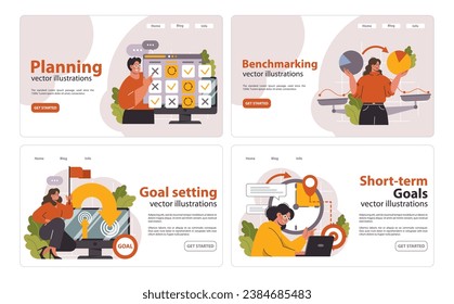 Conjunto de estrategias empresariales. Navegar a través de la planificación y la evaluación comparativa. Análisis de datos por expertos, fijación de objetivos futuros, centrándose en objetivos a corto plazo. Ideas para la toma de decisiones. Ilustración vectorial plana