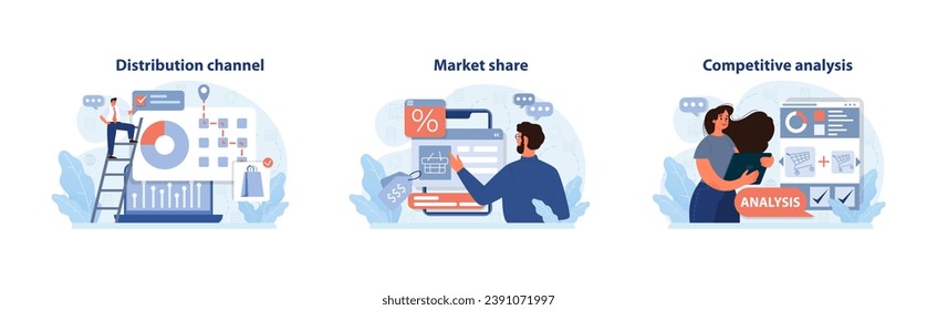 Conjunto de estrategias empresariales. Optimizar los canales de distribución, medir la cuota de mercado y realizar análisis competitivos. Toma de decisiones, crecimiento, ideas. Ilustración vectorial plana