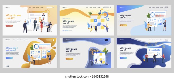 Business strategy set. Professional brainstorming at task board, presenting charts. Flat vector illustrations. Management, planning concept for banner, website design or landing web page