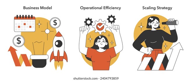 Business strategy set. Startup growth phases with calendar planning, operational workflow, and expansion vision. Revenue generation, process optimization, market development. Flat vector illustration