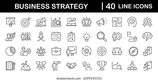 Business strategy set of web icons in line style. Business solutions icons for web and mobile app. Action List, research, solution, team, marketing, startup, advertising, business process, management