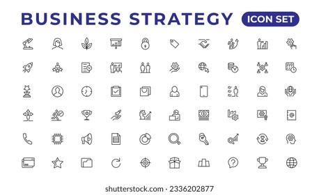 Business strategy set of web icons in line style. Business solutions icons for web and mobile app. Action List, research, solution, team, marketing, startup, advertising, business process