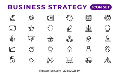 Conjunto de estrategias de negocio de iconos web en estilo de línea. Iconos de soluciones empresariales para aplicaciones web y móviles. Lista de acciones, investigación, solución, equipo, marketing, inicio, publicidad, proceso de negocios
