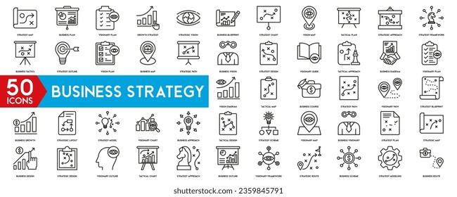 Business strategy set of web icons in line style. Business solutions icons for web and mobile app. Action List, research, solution, team, marketing, startup, advertising, business process, management