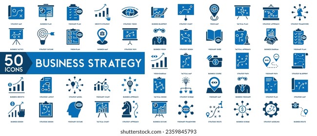 Business strategy set of web icons in line style. Business solutions icons for web and mobile app. Action List, research, solution, team, marketing, startup, advertising, business process, management