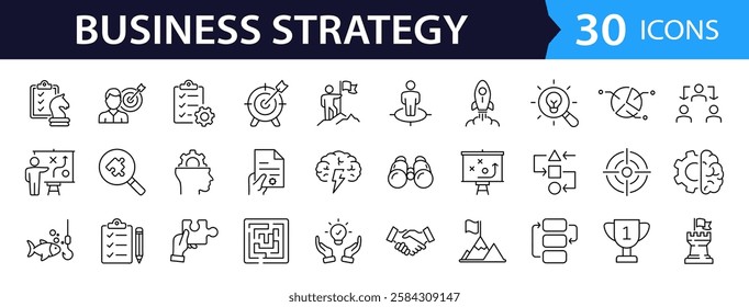 Business strategy set of web icons in line style. Business solutions icons for web and mobile app. Action List, research, solution, team, marketing, startup, advertising, business process, management