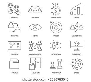 Business strategy set of web icons in line style. Business solutions icons for web and mobile app stock illustration	
