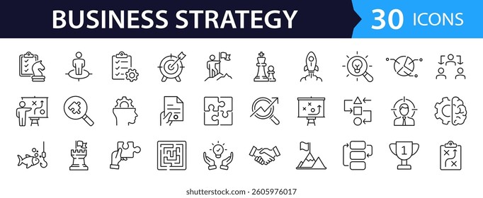 Business strategy set of web icons in line style. A collection of linear icon representing key business concepts, including market analysis, strategy, leadership, innovation, planning. Editable stroke