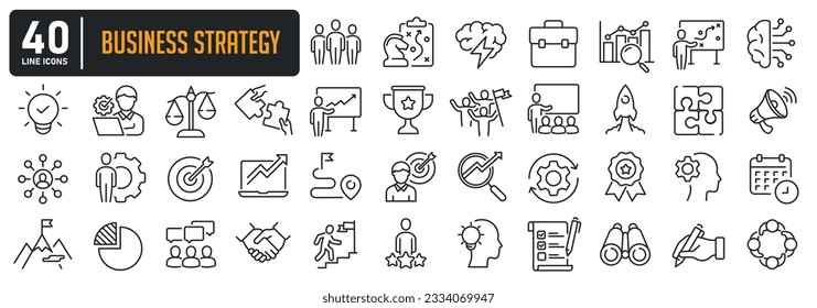 Business strategy simple minimal thin line icons. Related strategy, teamwork, organization, finance. Vector illustration.