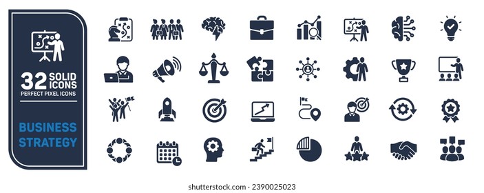 Colección de iconos sólidos de estrategia de negocio. Conteniendo iconos de estrategia, trabajo en equipo, organización, finanzas, etc. Para diseño de marketing de sitios web, logotipo, aplicación, plantilla, ui, etc. Ilustración vectorial.