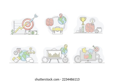 Business strategy, start up, motivation, brainstorming linear symbols set vector illustration