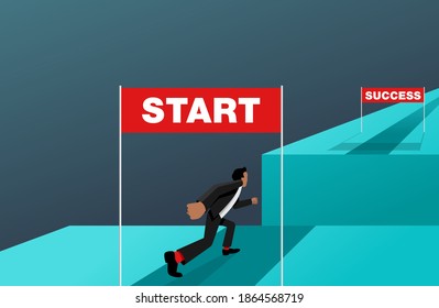 Business strategy start up - working career way from start to success (wealth) but with abyss obstacle - businessman running in perspective view - vector concept 