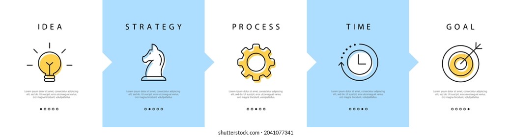 Business strategy. Step-by-step plan for business. Idea, strategy, process, time and goal. Vector illustration
