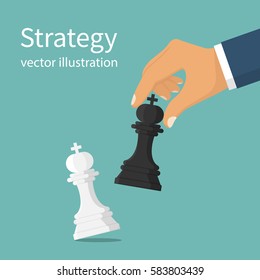 Business strategy. Strategist holding in hand chess figure black king. Victory in battle. Concept planning and management. Vector illustration flat design. Isolated on background. Winning success.