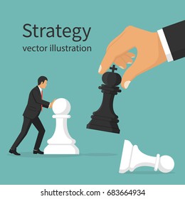 Business strategy. Strategist holding in hand chess figure black king. Victory in battle. Concept planning and management. Vector illustration flat design. Isolated on background. Winning success.