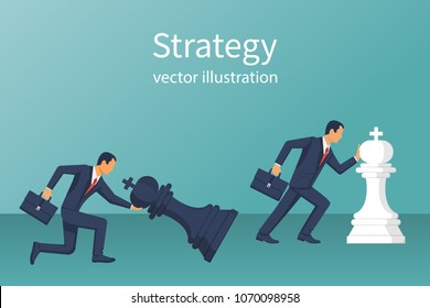 Business strategy. Strategist planning winning success. Vector illustration flat design. Isolated on background. Businessman pushing chess figure of king. Victory in battle. Be in advance opponent.