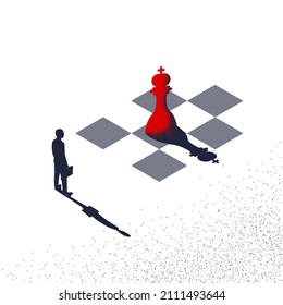 Business strategy. Strategist planning winning success. Vector illustration minimal isometric design. Businessman pushing chess figure of king. Victory in battle. Concept management.