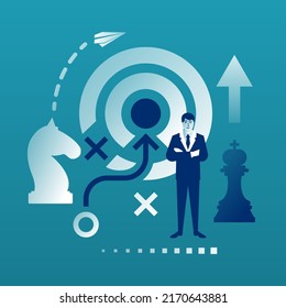 Business strategy. Strategist planning winning success. Vector illustration flat design. Isolated on background. Businessman pushing chess figure of king. Victory in battle. Concept management. 