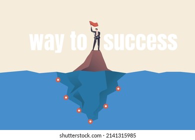 Business strategy to success. climbing route to goal. Leadership to achieve business goals career success. business leader proudly holds a flag on the top of a mountain.