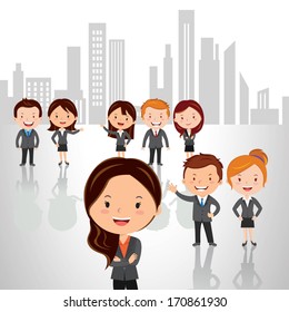 Business strategy and success team. Vector illustrations of a Group of successful people standing against high rise building background with confidence look.