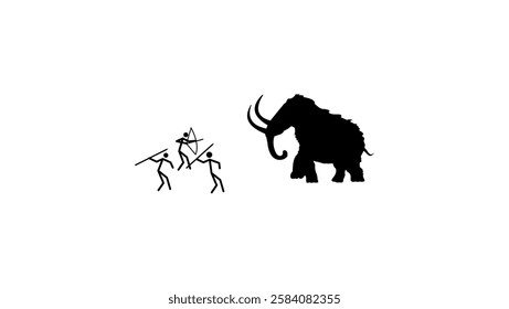 business strategy symbol, humans hunting on Mammoth,  black isolated silhouette