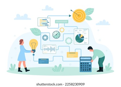 Business strategy and tactics planning process vector illustration. Cartoon tiny people plan goal achievement on long scheme with data charts, ideas and target, work with flipchart presentation