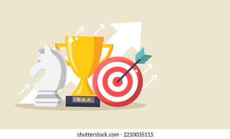 business strategy to target successful on background. Business strategy concept. Chess knights, trophies and growth arrows. profit goal achievement. vector illustration in flat style copy space. 