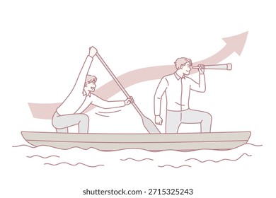 Estratégia de negócios e conceito de trabalho em equipe. Jovens homens de negócios sentados juntos no barco tendo a direção comum e olhando para a frente ilustração vetor