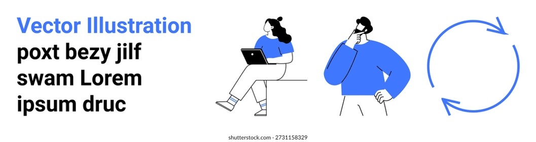 Estrategia empresarial, trabajo en equipo, pensamiento creativo, flujo de trabajo, lluvia de ideas, herramientas digitales. Persona en la computadora portátil, persona pensando flechas circulares. Trabajo en equipo y visualización del pensamiento creativo