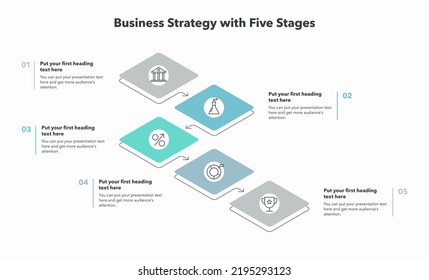 Business strategy template with five stages and place for your content. Flat infographic design.