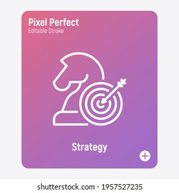 Business strategy thin line icon: chess horse and dartboard. Efficiency in business targets. Startup, investment. Pixel perfect, editable stroke. Vector illustration.