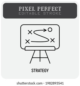 Geschäftsstrategie-Thin-Line-Symbol Planung von Taktiken an der Tafel. Pixel perfekt, bearbeitbarer Strich. Vektorgrafik.
