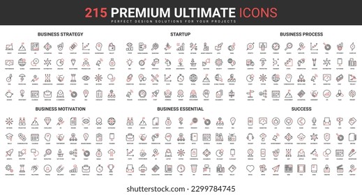 Business strategy thin line red black icons set vector illustration. Abstract symbols of success startup launch, business processes, vision and finance motivation simple design for mobile and web apps